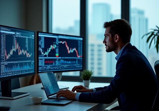 A professional analyst studying financial candle charts on a modern workstation
