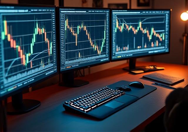 Modern professional trading workstation setup with multiple monitors and financial charts